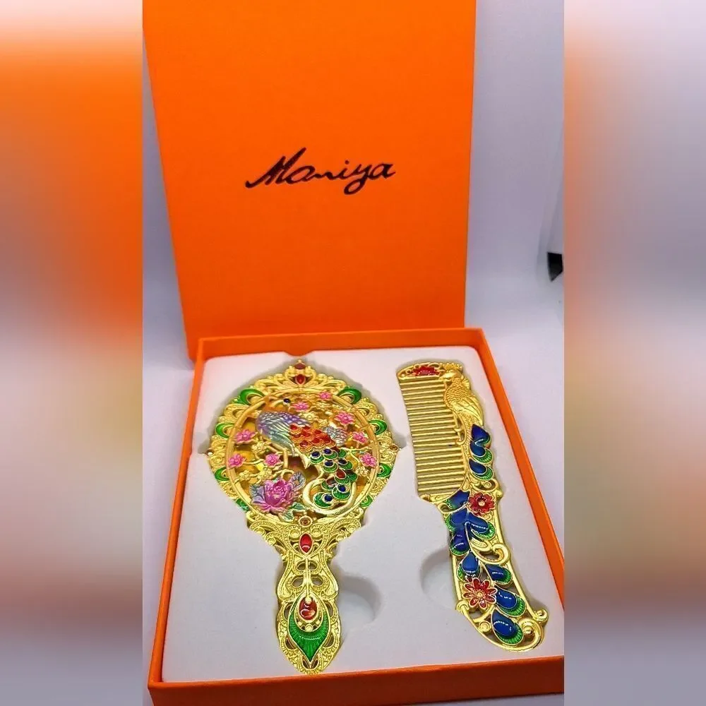 Vintage Peacock Mirror Comb Gift Box Set Yellow Gold Rhinestone Regency Vanity
